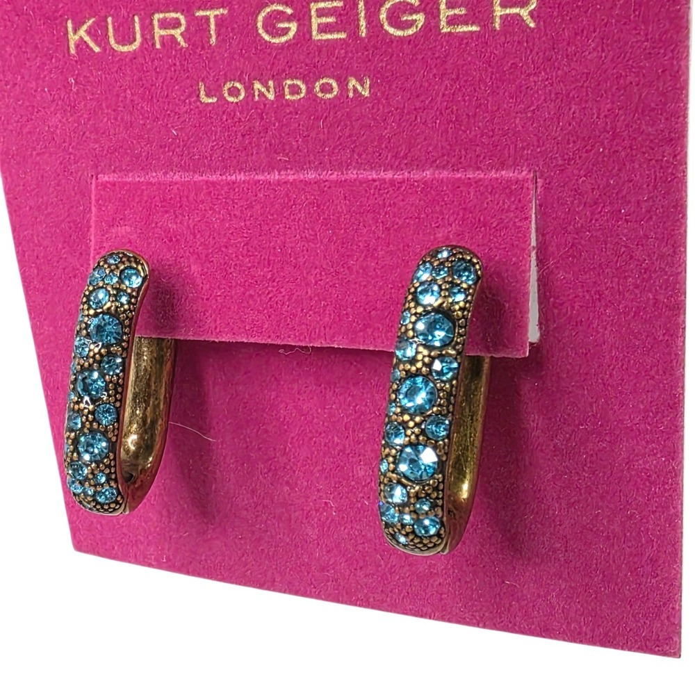 Kurt Geiger London Crystal Pave Oval‎ Hoop Earrings Blue Antique Brass Glam NEW